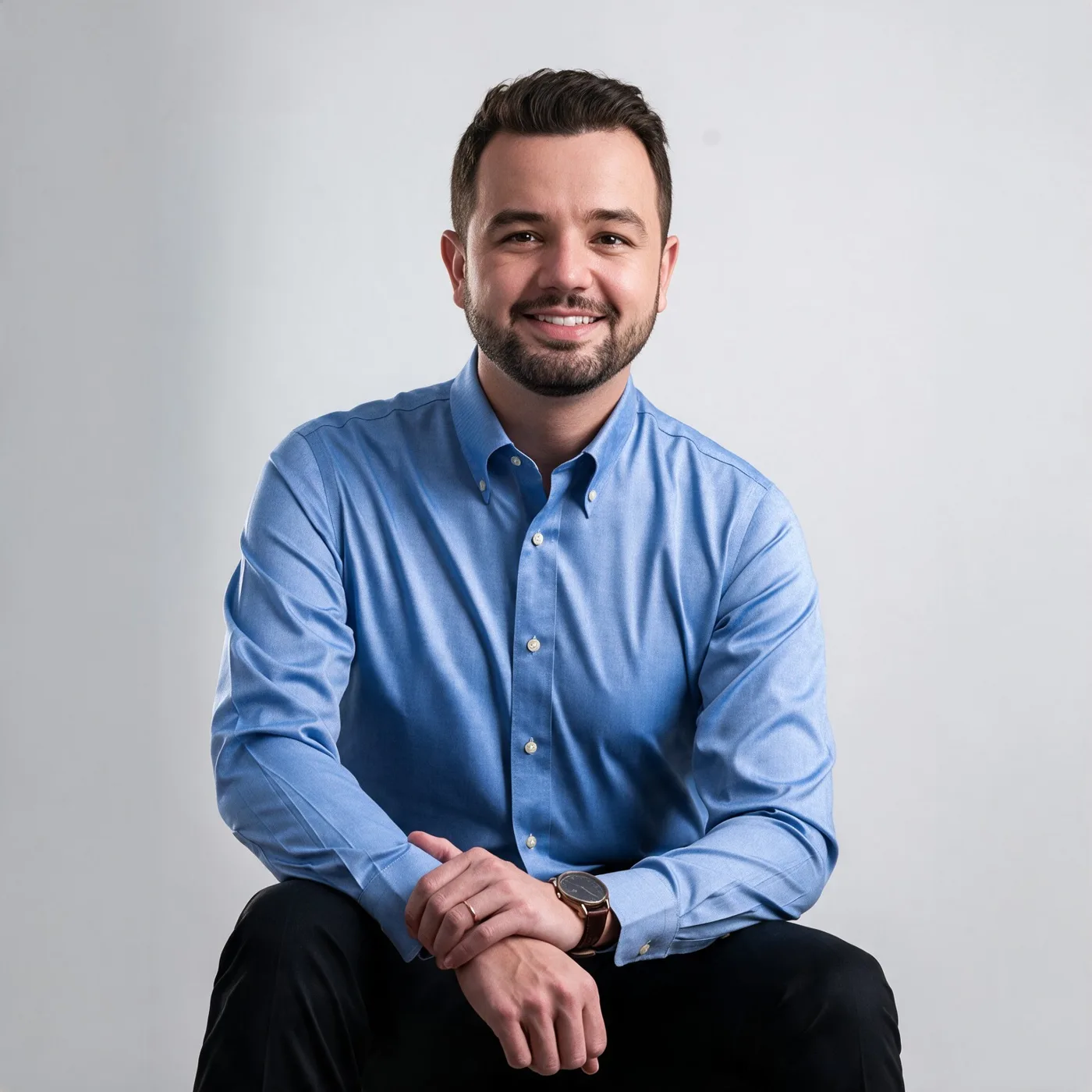Dr. Gabriel Borba sentado, de camisa azul-clara